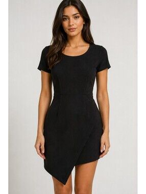 AQUA Black Faux Suede Asymmetrical Wrap Mini Dress Women’s S